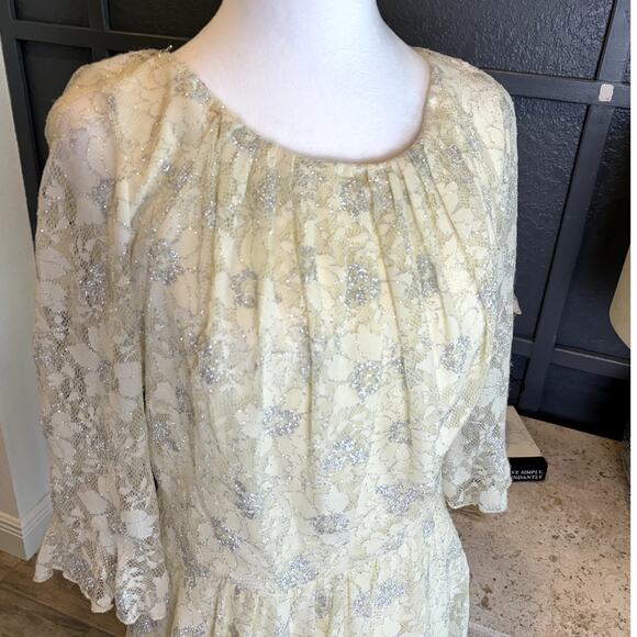 Eva Franco Anthropologie Ivory Silver Metallic Floral Lace Dress NWT Size 4 - Picture 4 of 9